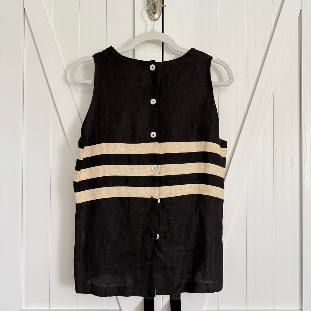Joe 100% Linen Button Up Back Striped Black Top Large Neutral Luxury Summer - Picture 9 of 13